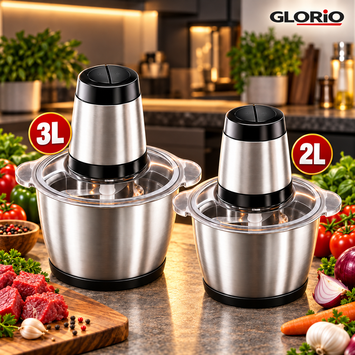 Pachet 2 tocatoare electrice inox, 3 L + 2 L, 2 viteze - Glorio - 5