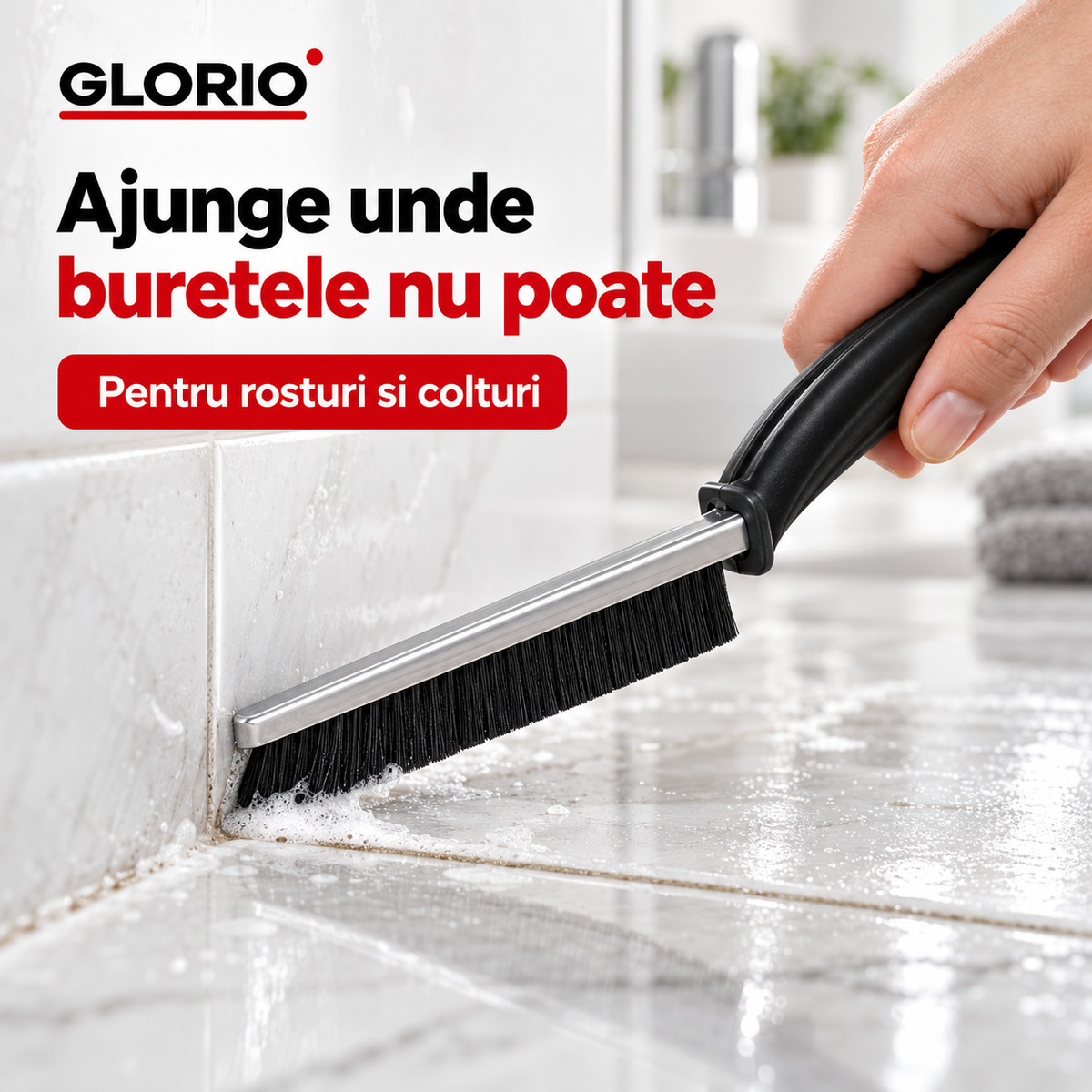 Perie Glorio cu peri densi pentru curatarea rosturilor si colturilor