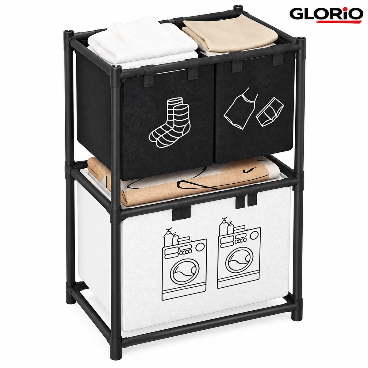 Raft pentru rufe cu 3 cosuri individuale, 97 x 57 x 28 cm, negru - Glorio - 4