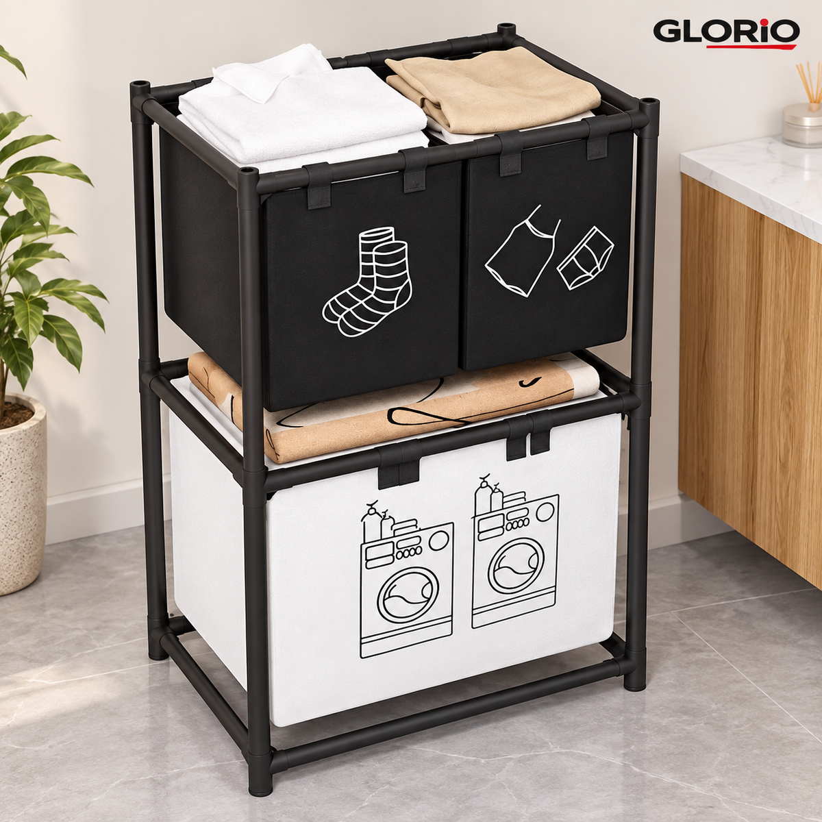 Raft pentru rufe cu 3 cosuri individuale, 97 x 57 x 28 cm, negru - Glorio - 5