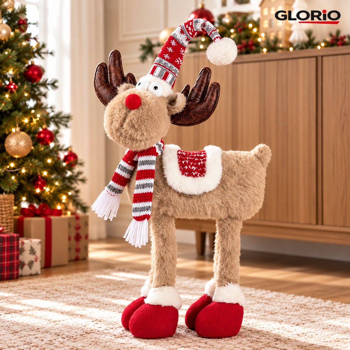 Ren decorativ de Craciun GLORIO, 65 cm, caciula jacquard si fular - 4