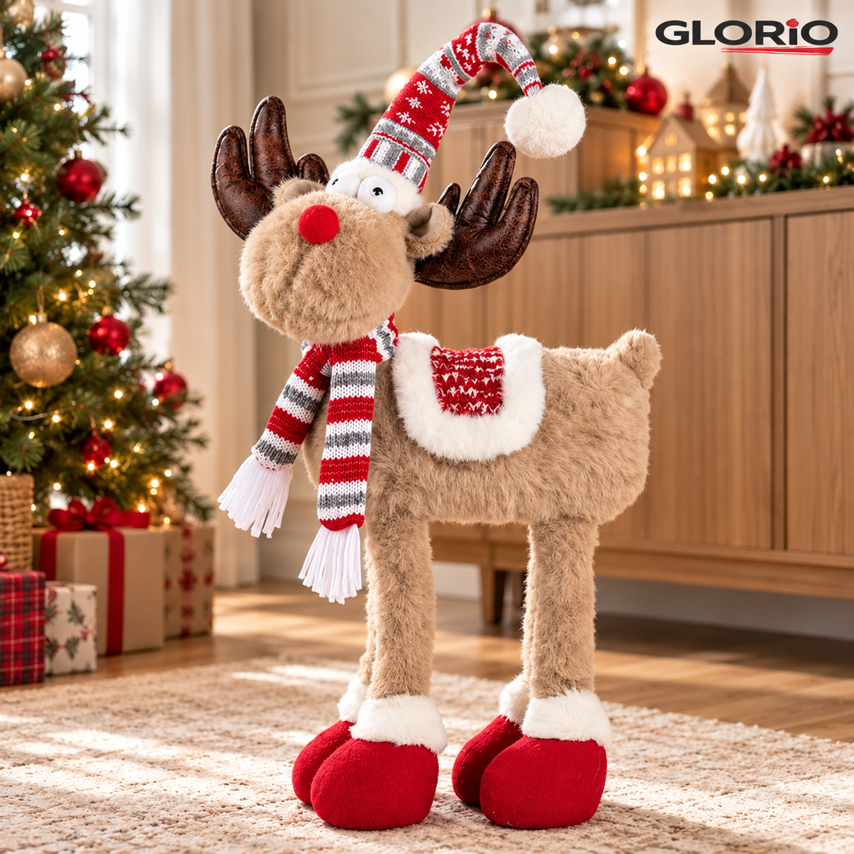 Ren decorativ de Craciun GLORIO, 65 cm, caciula jacquard si fular - 5