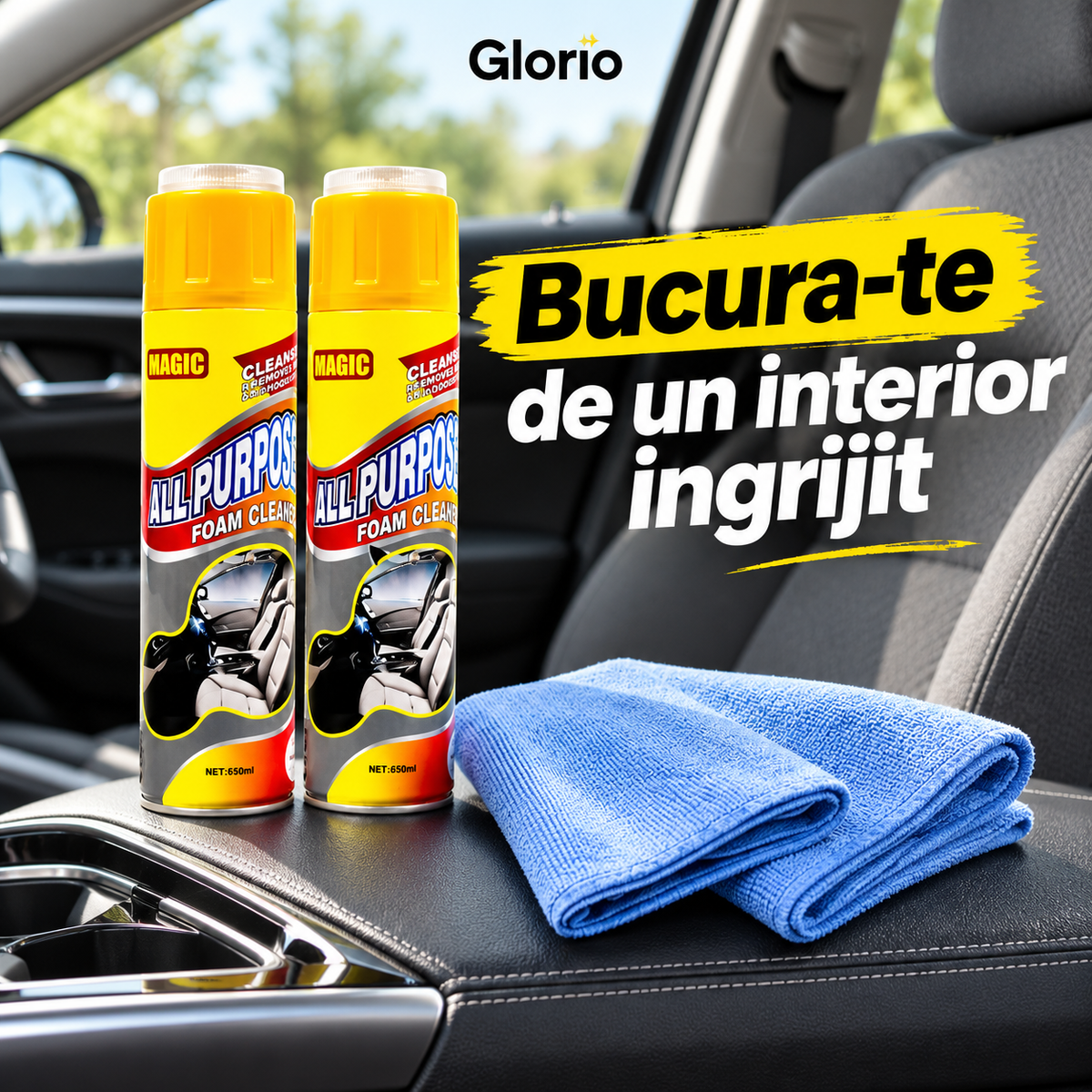 Set spuma activa auto Glorio cu lavete pentru un interior ingrijit