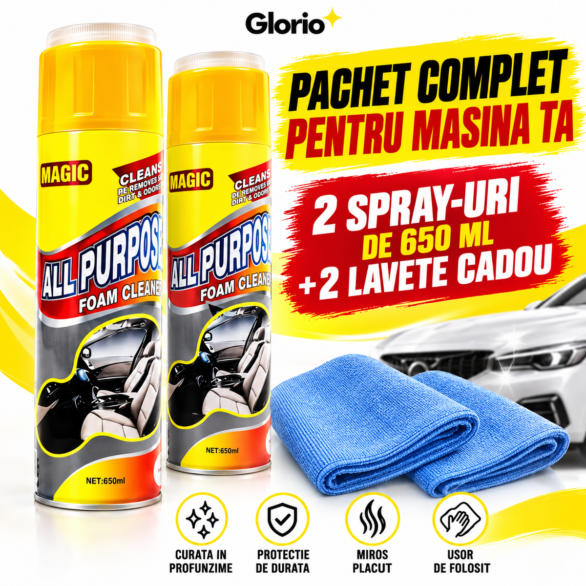 Pachet Glorio cu doua spray-uri de 650 ml si doua lavete cadou