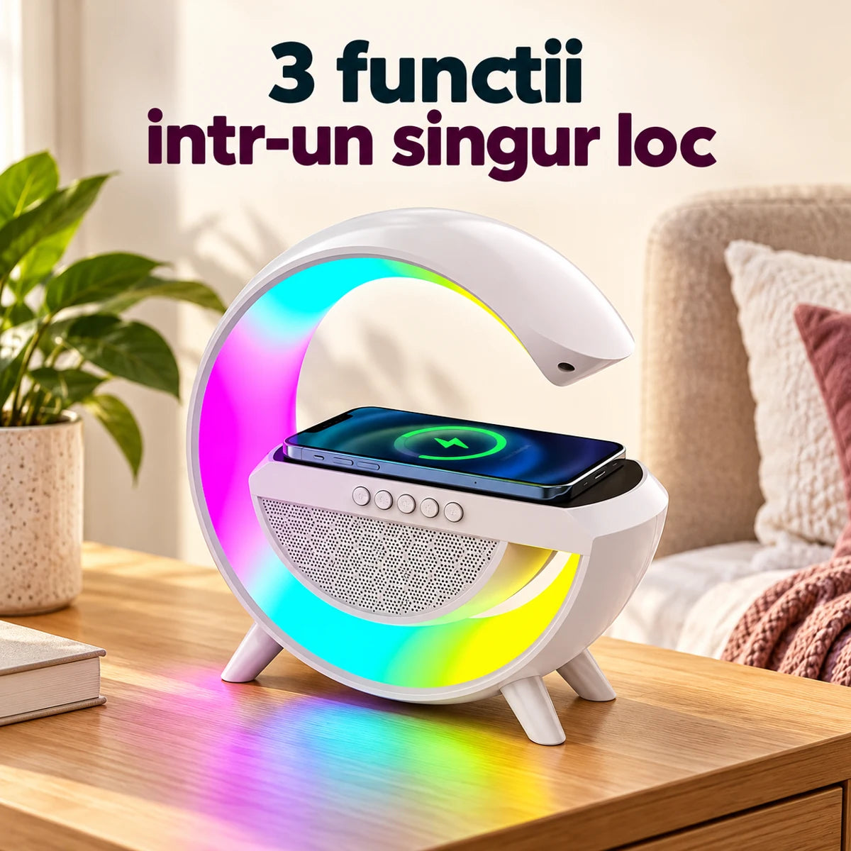 Statie 3 in 1 alba: lumina RGB, boxa Bluetooth si incarcare wireless - 3 functii intr-un singur loc