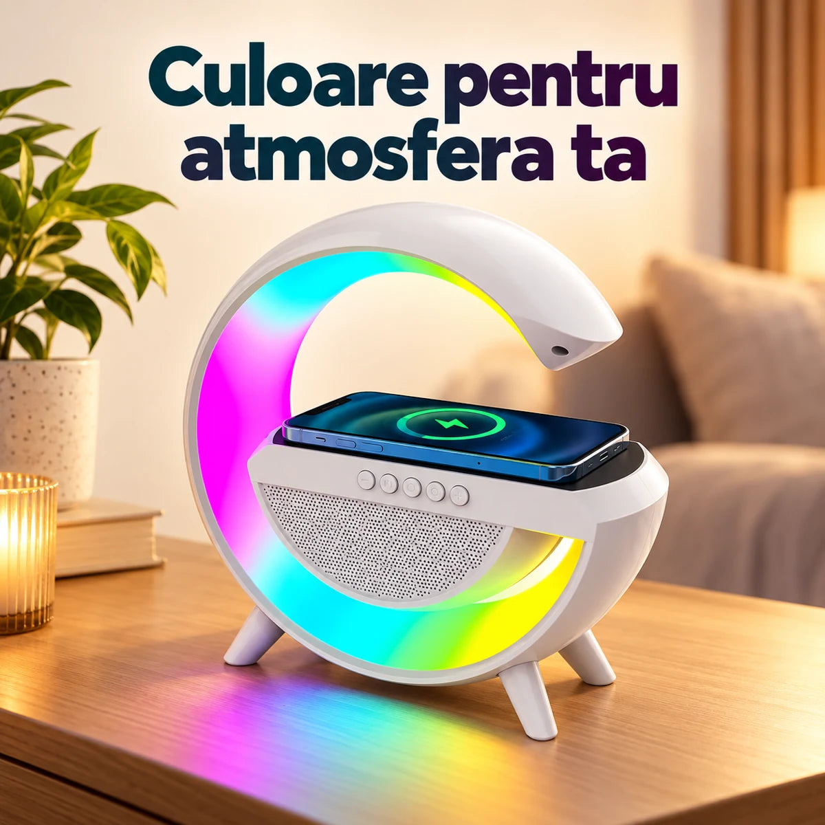 Statie 3 in 1 alba: lumina RGB, boxa Bluetooth si incarcare wireless - Culoare pentru atmosfera ta