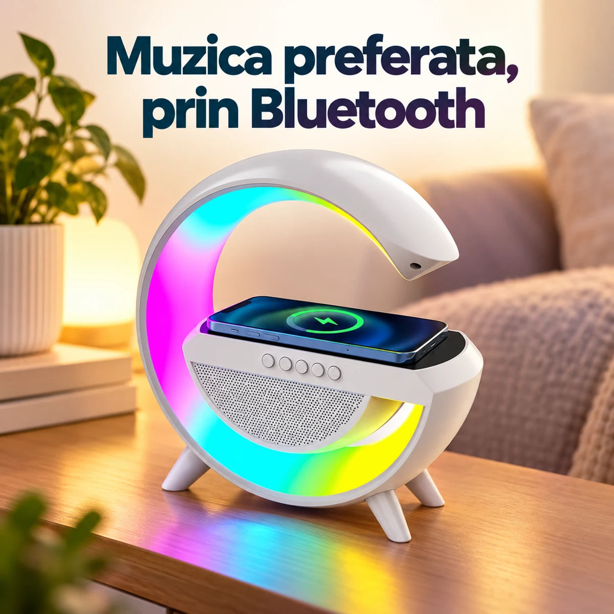 Statie 3 in 1 alba: lumina RGB, boxa Bluetooth si incarcare wireless - Muzica preferata, prin Bluetooth
