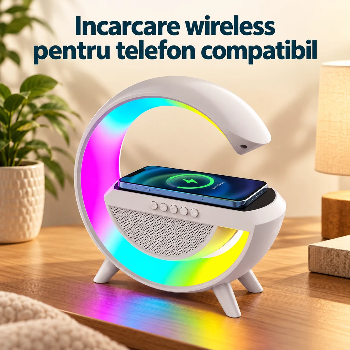 Statie 3 in 1 alba: lumina RGB, boxa Bluetooth si incarcare wireless - Incarcare wireless pentru telefon compatibil