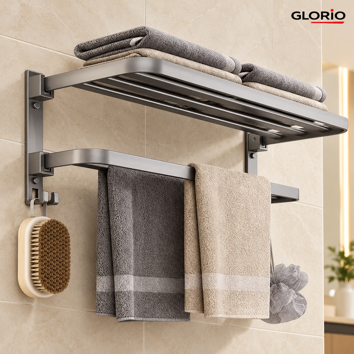 Suport prosoape baie pliabil, 2 niveluri, 60 cm, gri - Glorio - 2