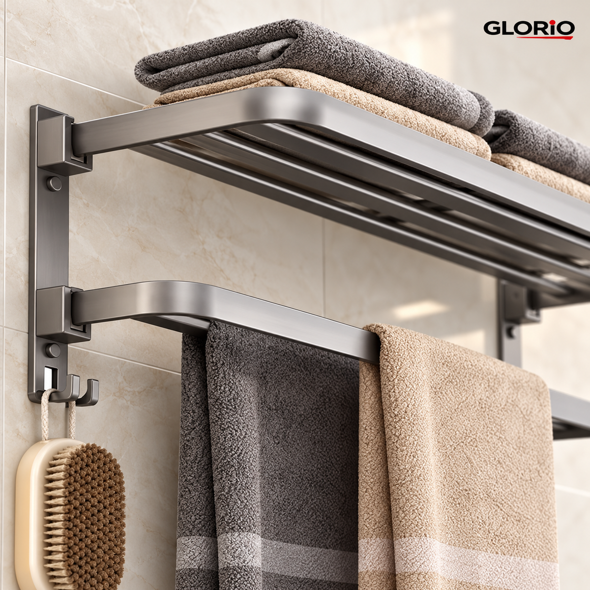 Suport prosoape baie pliabil, 2 niveluri, 60 cm, gri - Glorio - 3