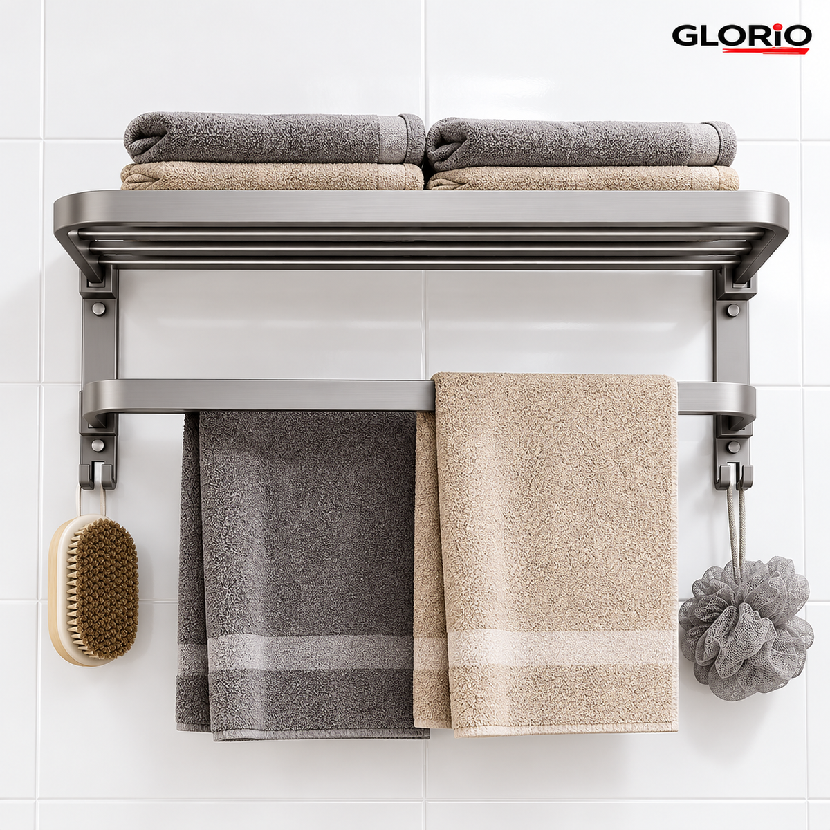 Suport prosoape baie pliabil, 2 niveluri, 60 cm, gri - Glorio - 4