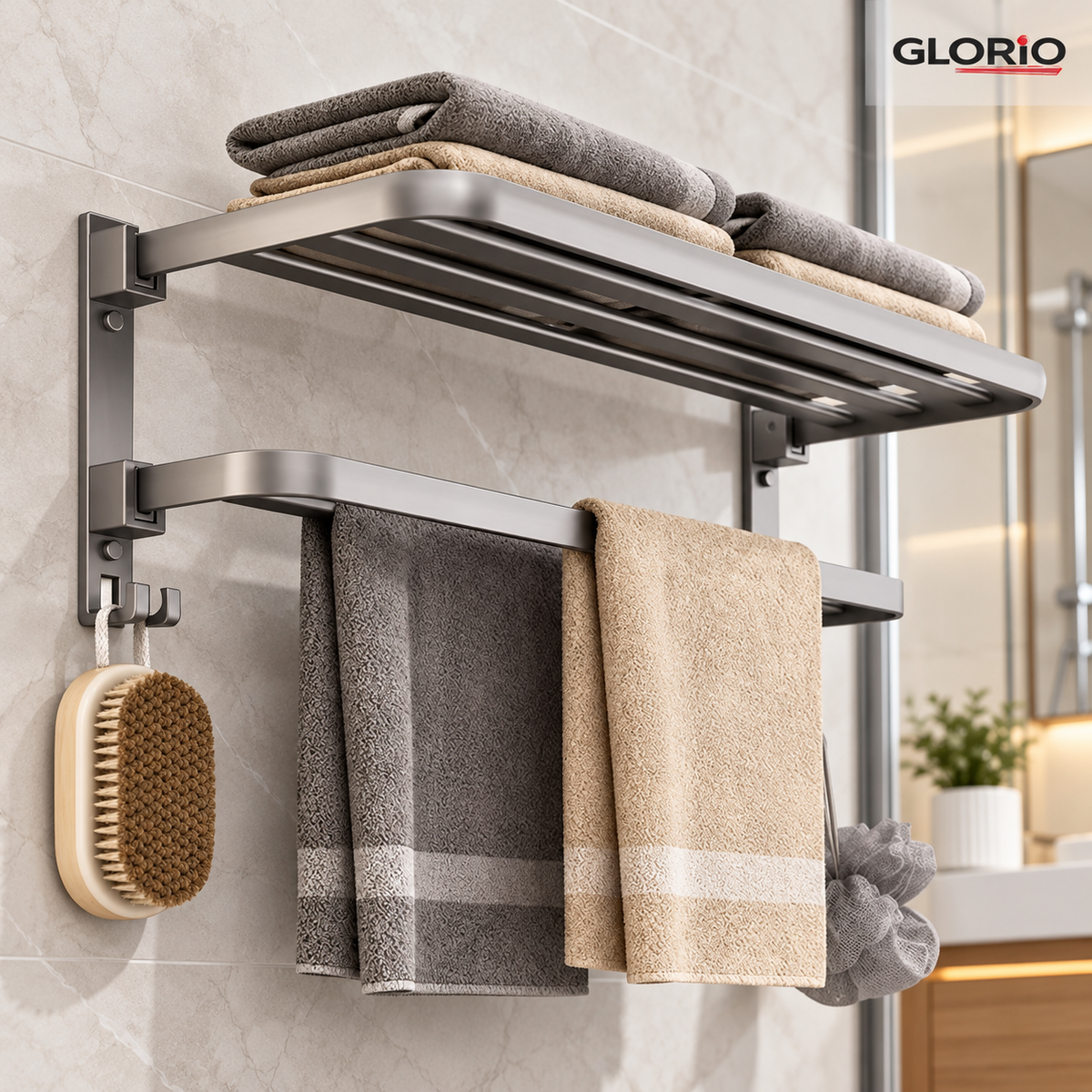 Suport prosoape baie pliabil, 2 niveluri, 60 cm, gri - Glorio - 5