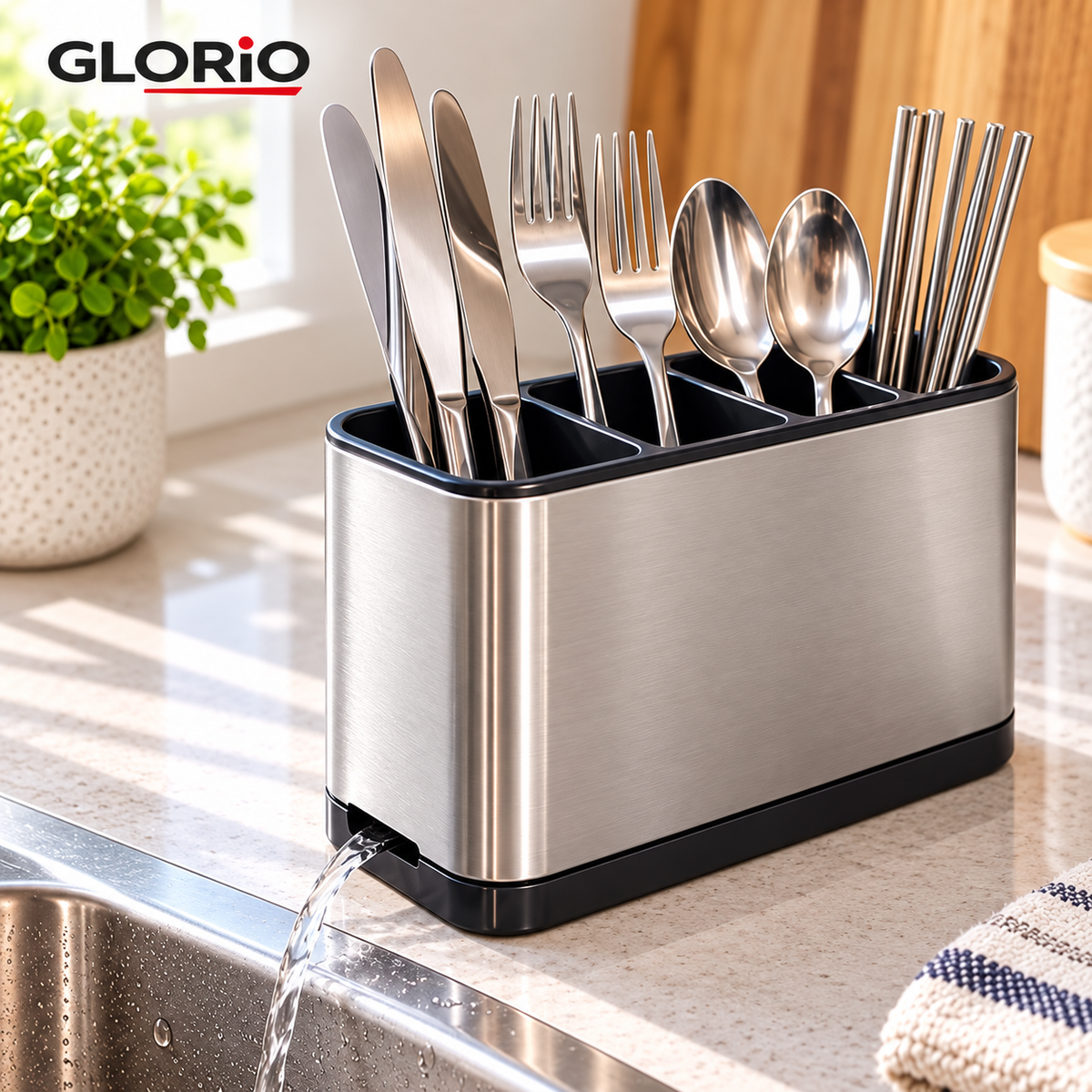 Suport tacamuri GLORIO din inox, 4 compartimente, scurgere apa, 18x9x13 cm - 3