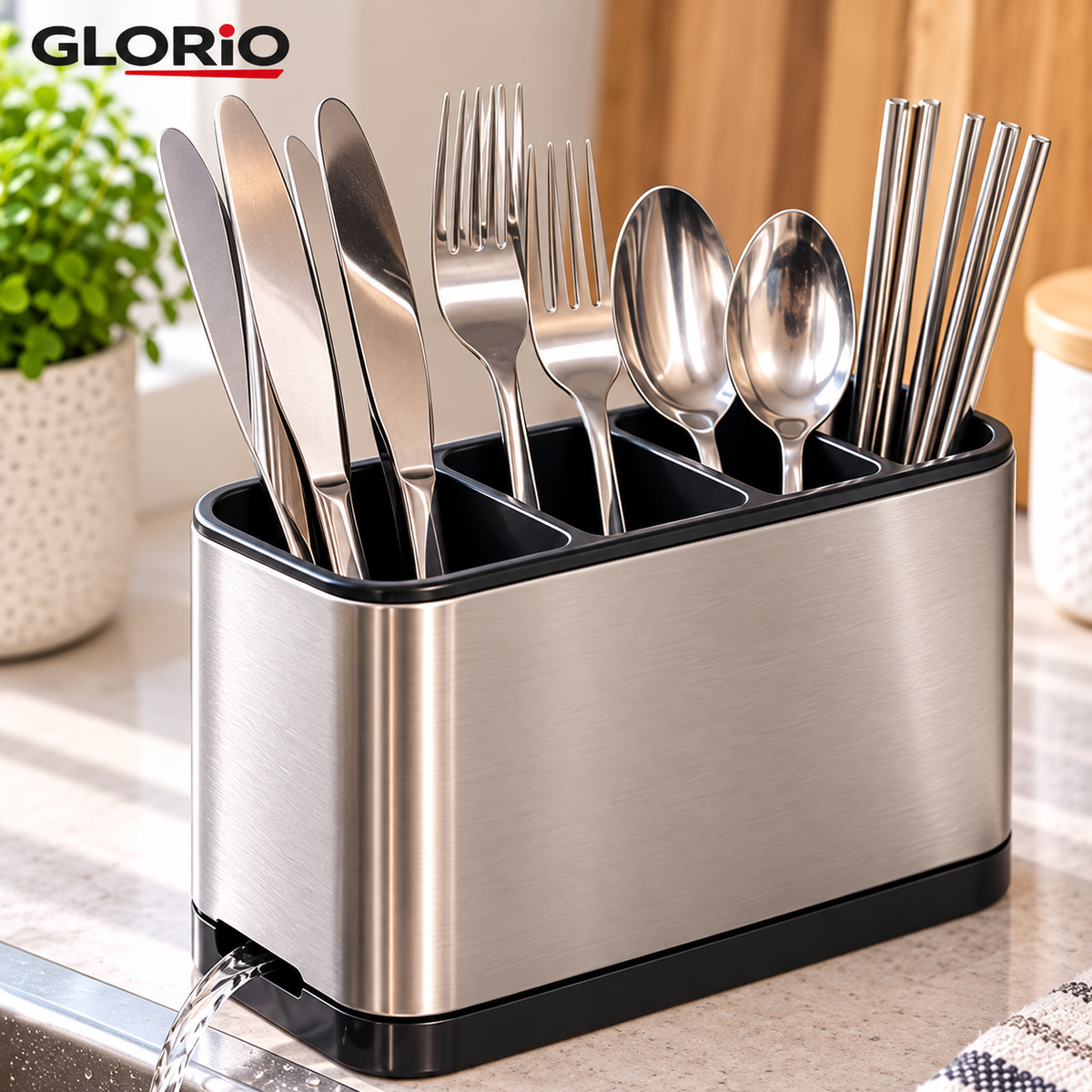 Suport tacamuri GLORIO din inox, 4 compartimente, scurgere apa, 18x9x13 cm - 4