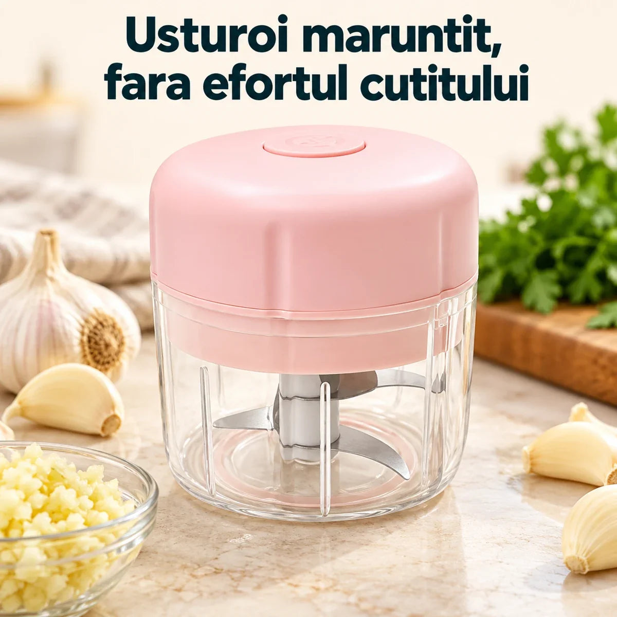 Mini tocator electric portabil 250 ml, 3 lame din inox - Usturoi maruntit, fara efortul cutitului
