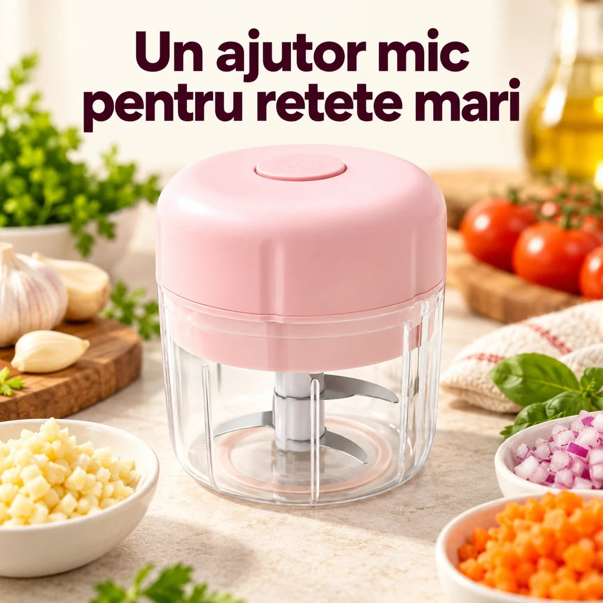 Mini tocator electric portabil 250 ml, 3 lame din inox - Un ajutor mic pentru retete mari