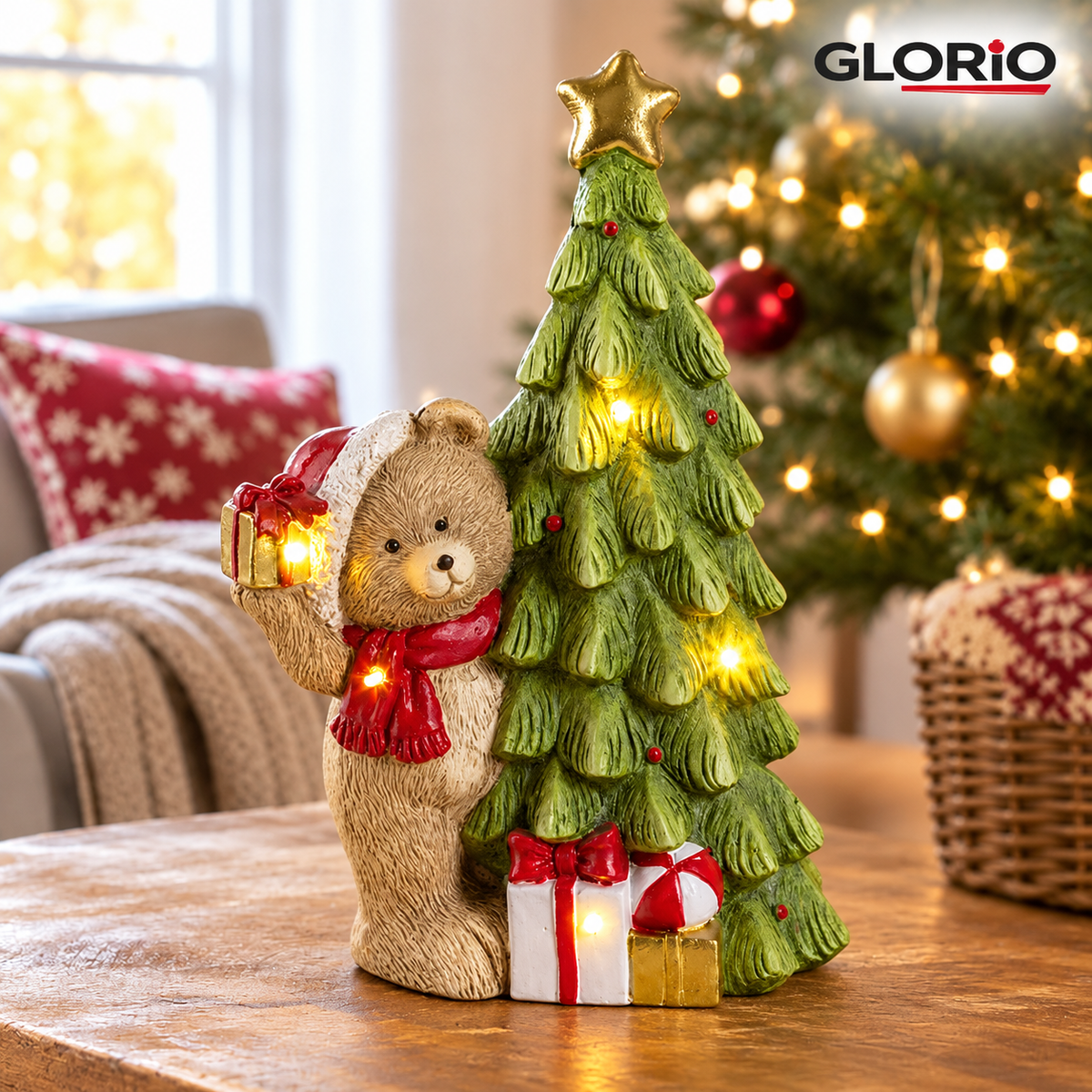 Ursulet decorativ GLORIO cu brad si LED, 40 cm - 3