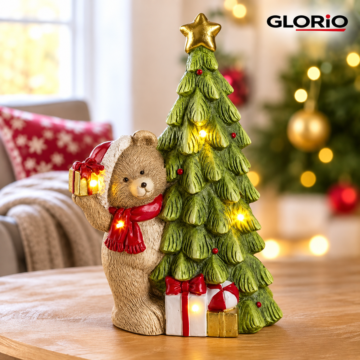 Ursulet decorativ GLORIO cu brad si LED, 40 cm - 4