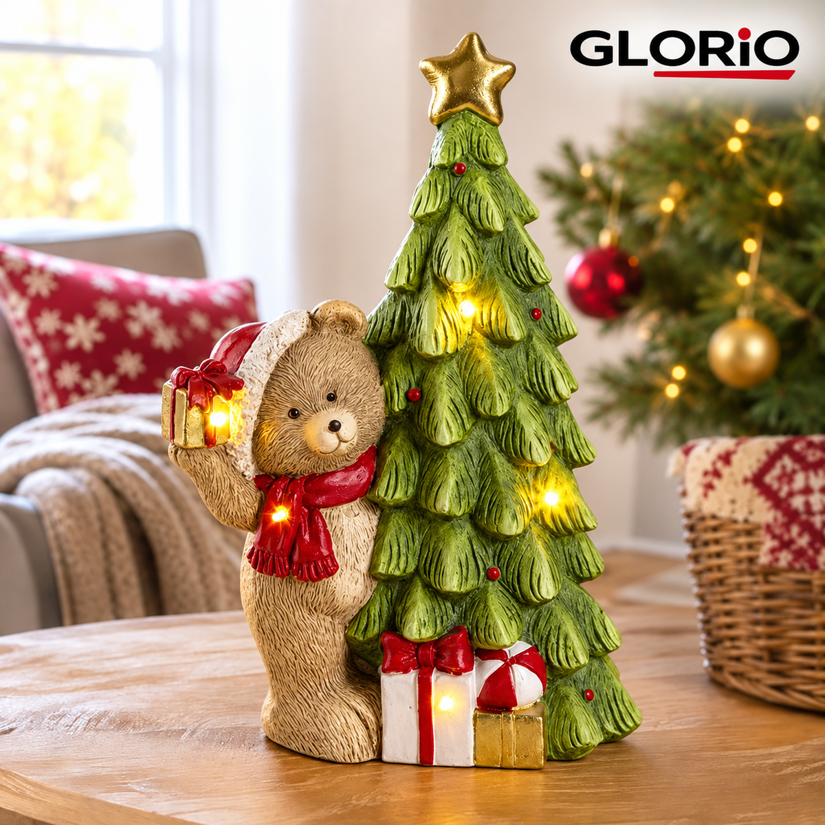 Ursulet decorativ GLORIO cu brad si LED, 40 cm - 5