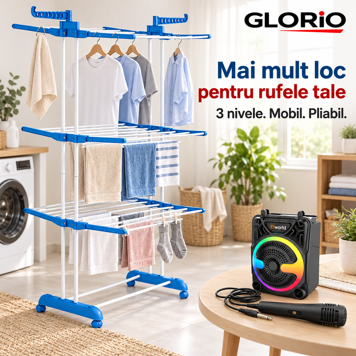 Uscator mobil pliabil cu 3 nivele si suporturi pentru umerase - Glorio