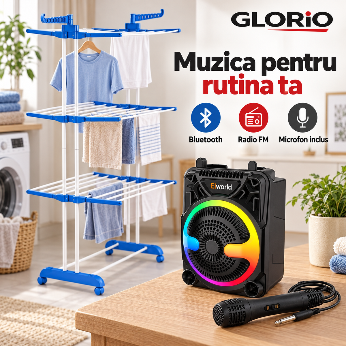 Boxa Elworld cu Bluetooth radio FM LED RGB si microfon inclus - Glorio