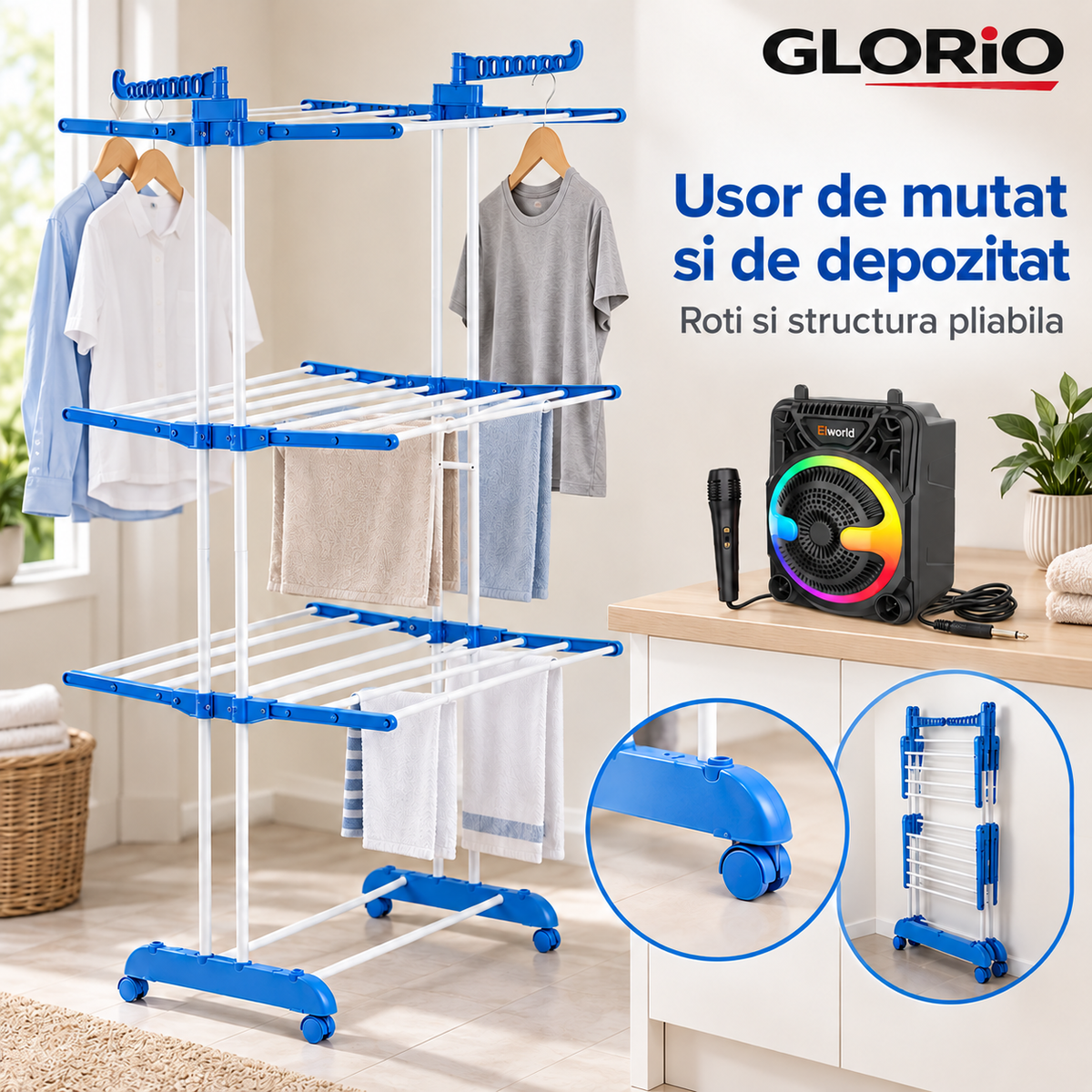 Uscator cu roti si structura pliabila - Glorio