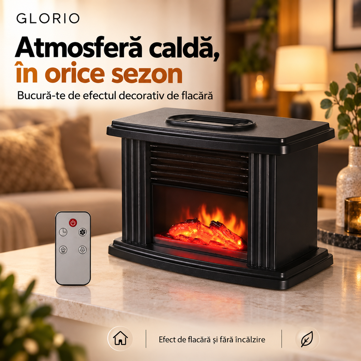 Șemineu electric cu telecomandă și efect de flacără | Glorio glorio.ro