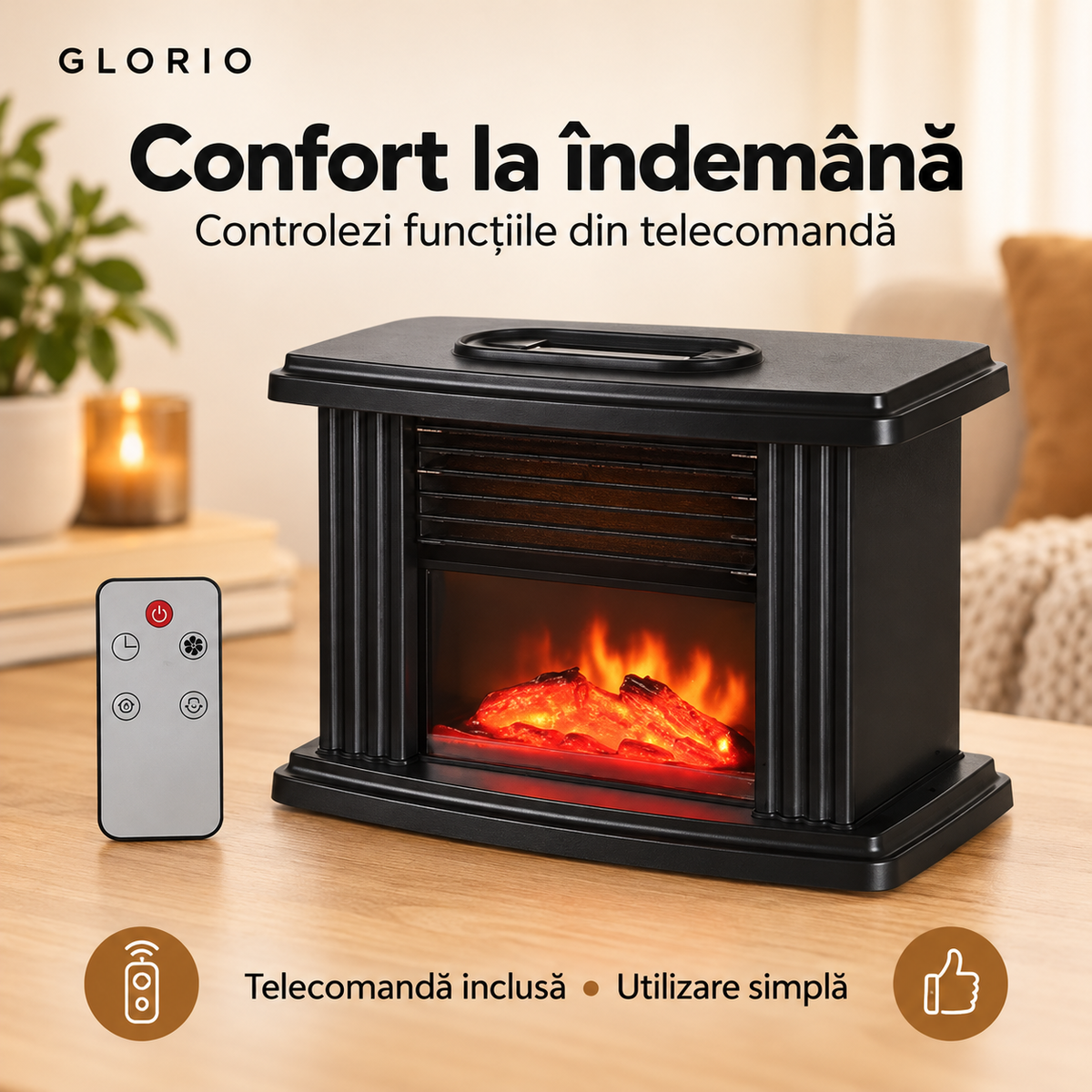 Șemineu electric cu telecomandă și efect de flacără | Glorio glorio.ro