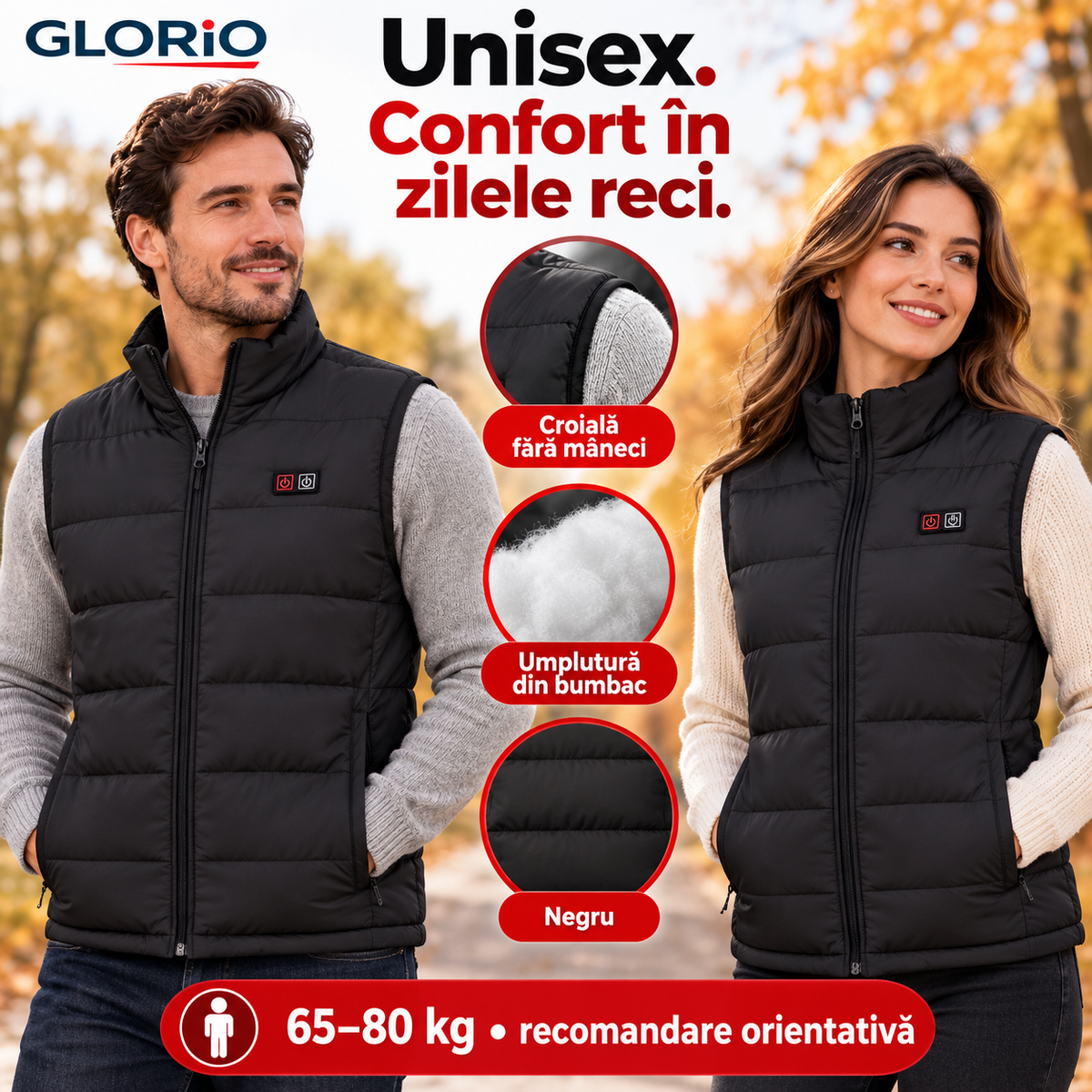 Vestă încălzită unisex neagră purtată de femei și bărbați