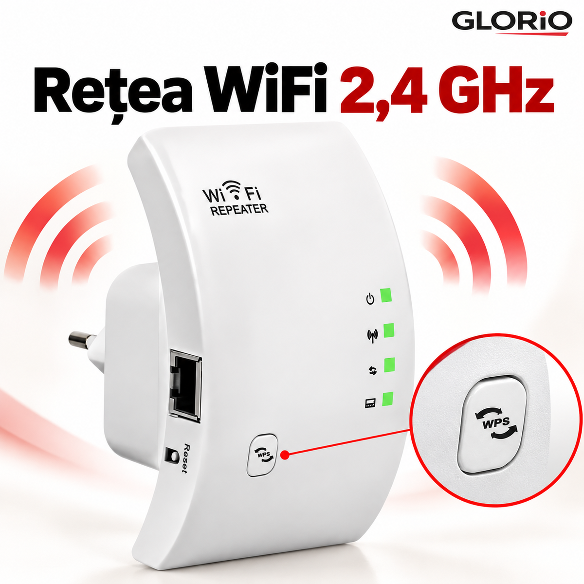 Amplificator WiFi la Priză, până la 300 Mbps, 2,4 GHz, Port Ethernet | Glorio – Rețea WiFi 2,4 GHz