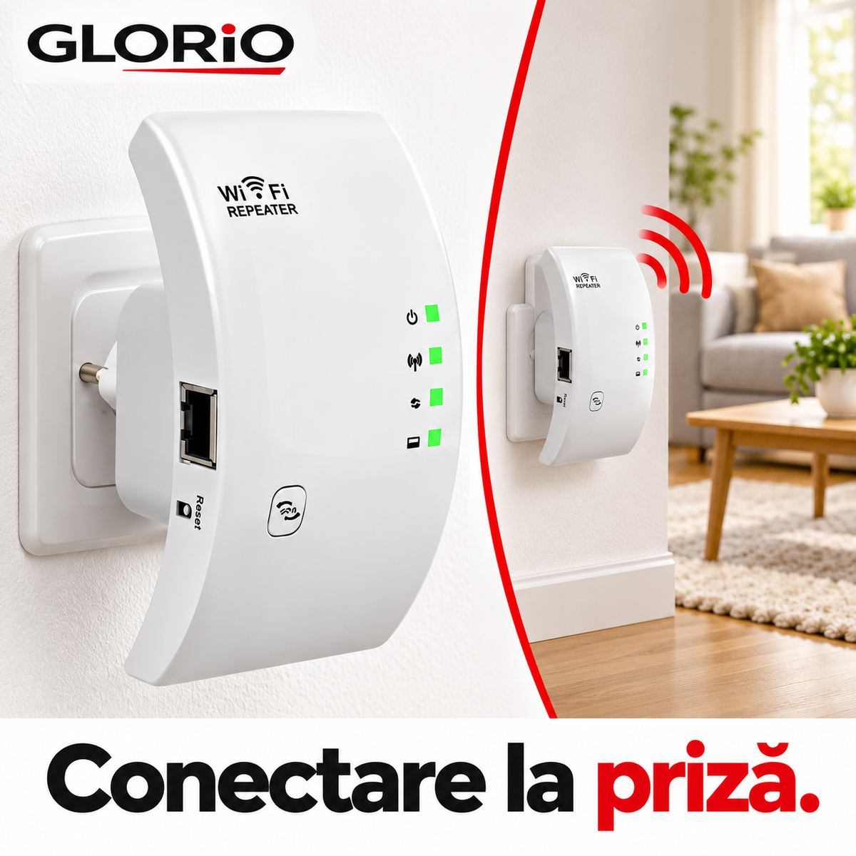 Amplificator WiFi la Priză, până la 300 Mbps, 2,4 GHz, Port Ethernet | Glorio – Conectare la priză