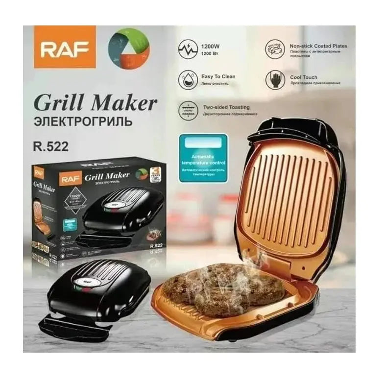 Gratar electric, RAF R522, 1000W, cu capac, placi antiaderente, 25x22x32 cm, negru Glorio