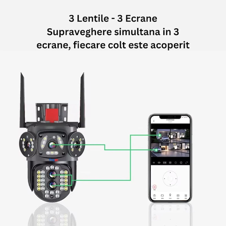 Camera de supraveghere Tripla WIFI/4G Zoom 10X, Rezolutie 4K, Detectie umana, Urmarire automata, IP66 Glorio