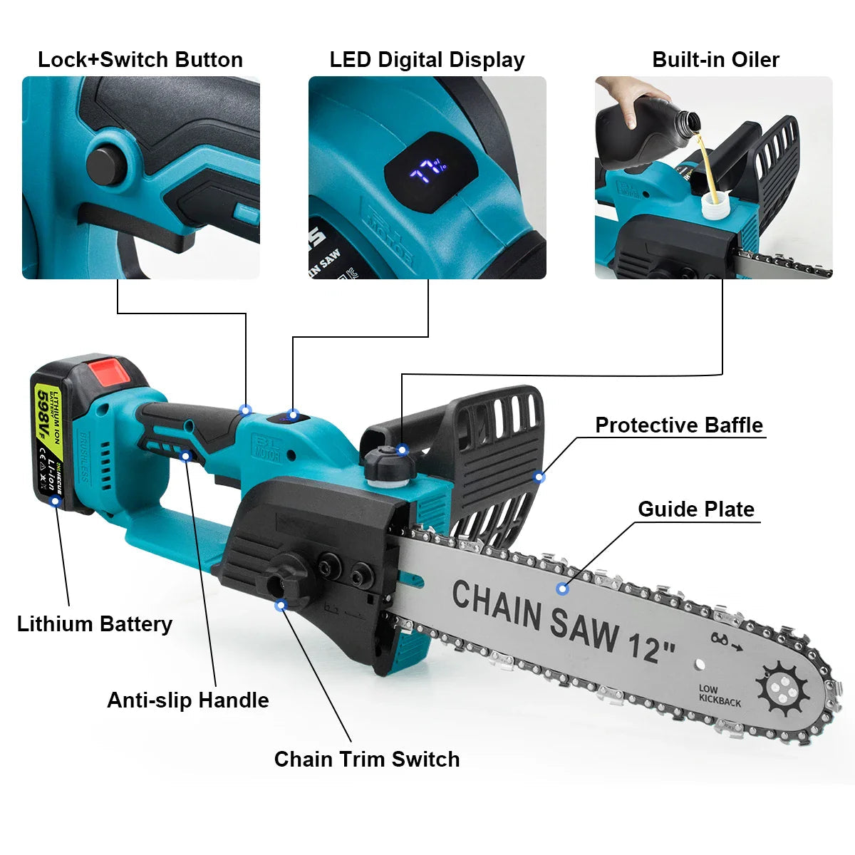 Set Complet Fierăstrău Electric Lama 30 Cm, 2 Acumulatori 48V si Ungere pe Lanț Glorio
