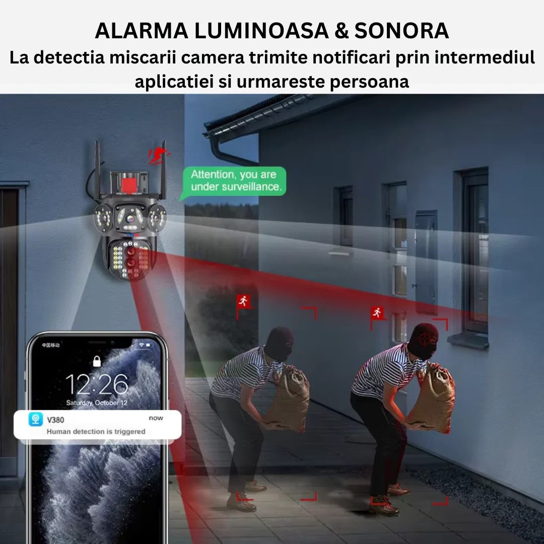 Camera de supraveghere Tripla WIFI/4G Zoom 10X, Rezolutie 4K, Detectie umana, Urmarire automata, IP66 Glorio