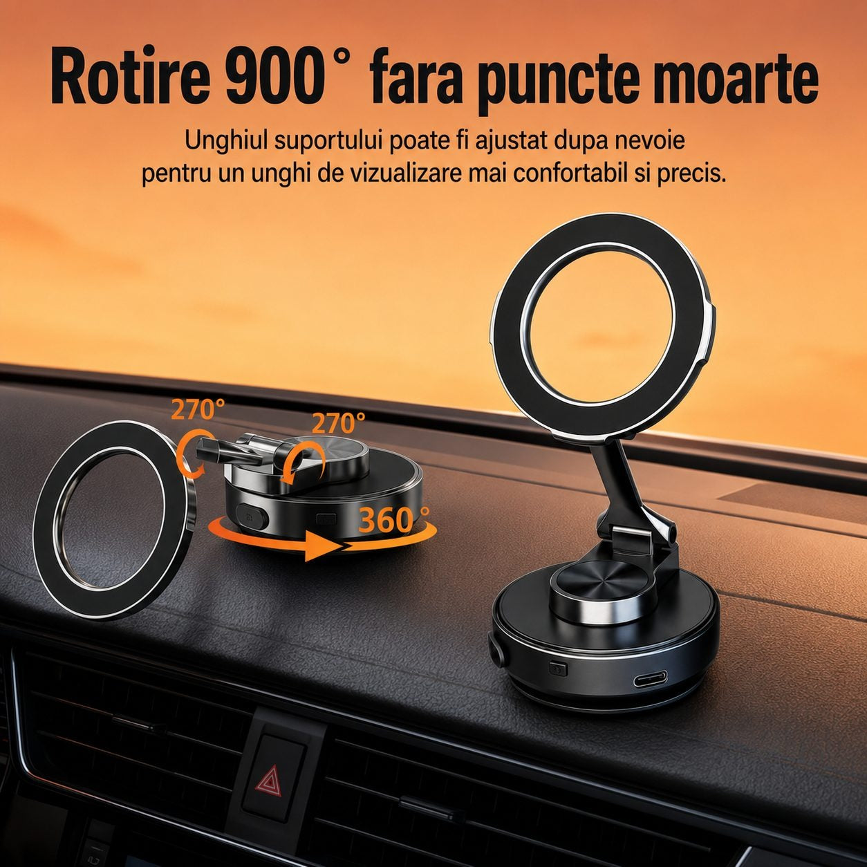 Suport Auto Magnetic pentru Telefon, Glorio, cu Vacuum Electric si Ventuza, Reglaj Multiunghi 900°, Aluminiu, Negru Glorio