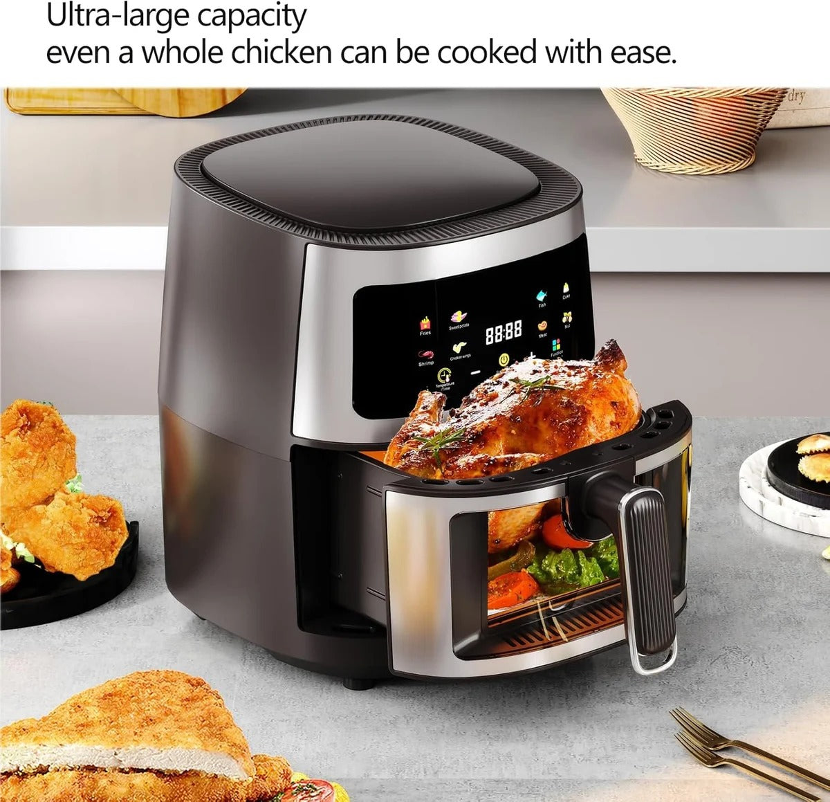 Friteuza cu aer cald, Air Fryer 6L, 2400 W, afisaj digital LCD color, Touch control, otel inoxidabil Glorio