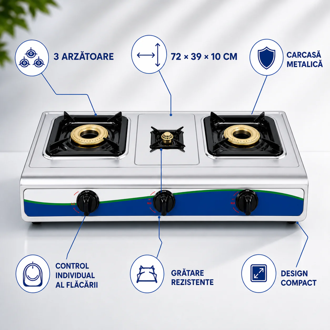 Pachet : Aragaz portabil 3 ochiuri, inox, pachet complet cu furtun și ceas pentru butelie Glorio