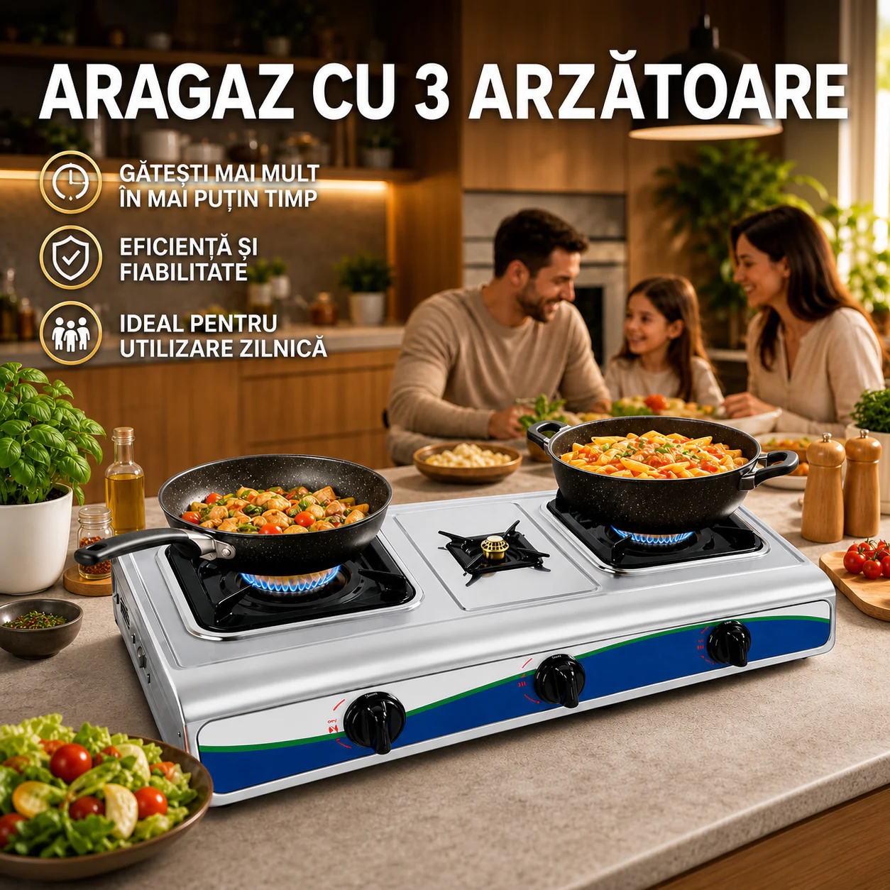 Pachet : Aragaz portabil 3 ochiuri, inox, pachet complet cu furtun și ceas pentru butelie Glorio