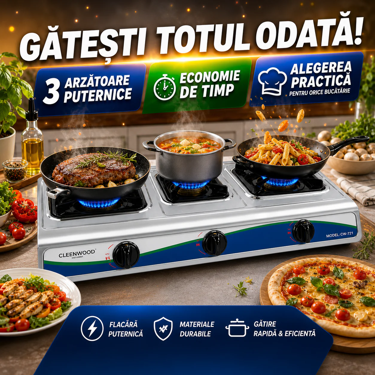 Pachet : Aragaz portabil 3 ochiuri, inox, pachet complet cu furtun și ceas pentru butelie Glorio