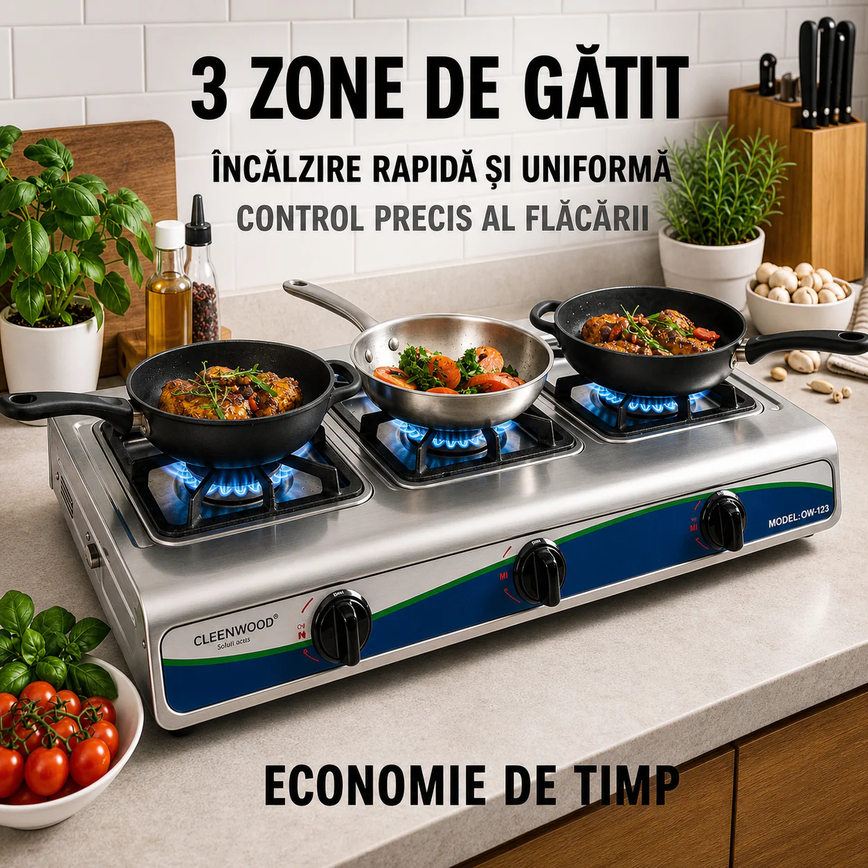 Pachet : Aragaz portabil 3 ochiuri, inox, pachet complet cu furtun și ceas pentru butelie Glorio