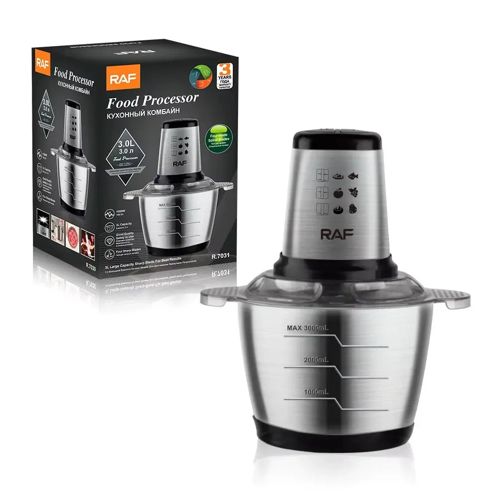 Tocător electric de carne RAF R.7031, bol inox 3L – aparat multifuncțional de bucătărie, putere mare, ideal pentru carne, legume și preparate rapide Glorio
