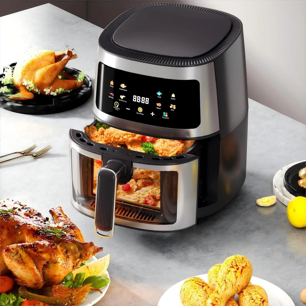 Friteuza cu aer cald, Air Fryer 6L, 2400 W, afisaj digital LCD color, Touch control, otel inoxidabil Glorio