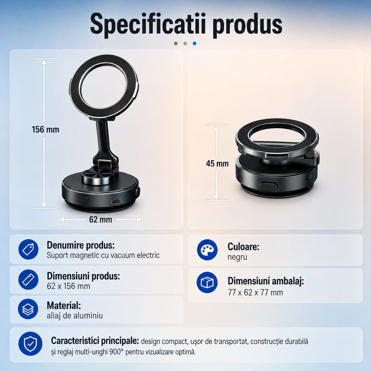 Suport Auto Magnetic pentru Telefon, Glorio, cu Vacuum Electric si Ventuza, Reglaj Multiunghi 900°, Aluminiu, Negru Glorio