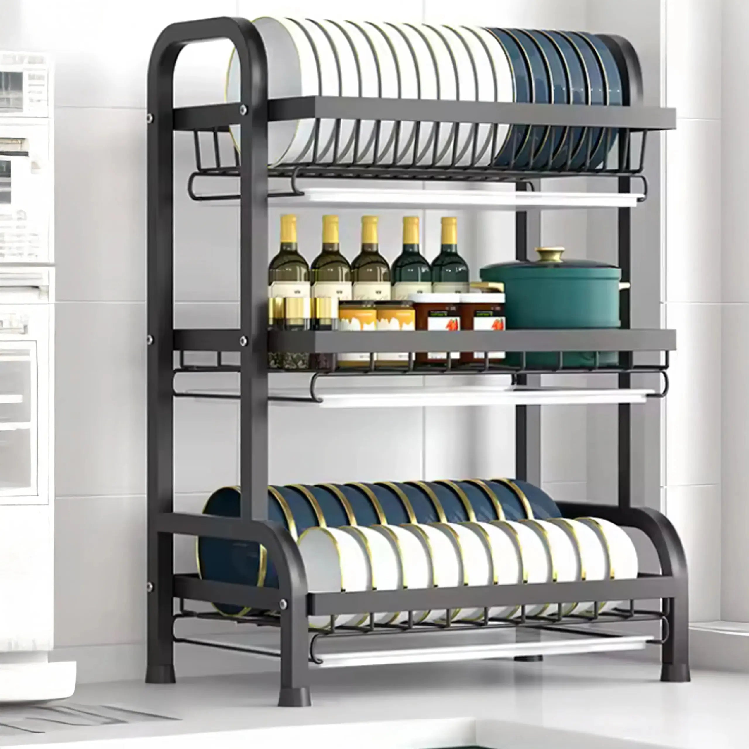 Organizator Vase Glorio, scurgator vase si tacamuri , compact , 3 niveluri , otel inoxidabil Glorio
