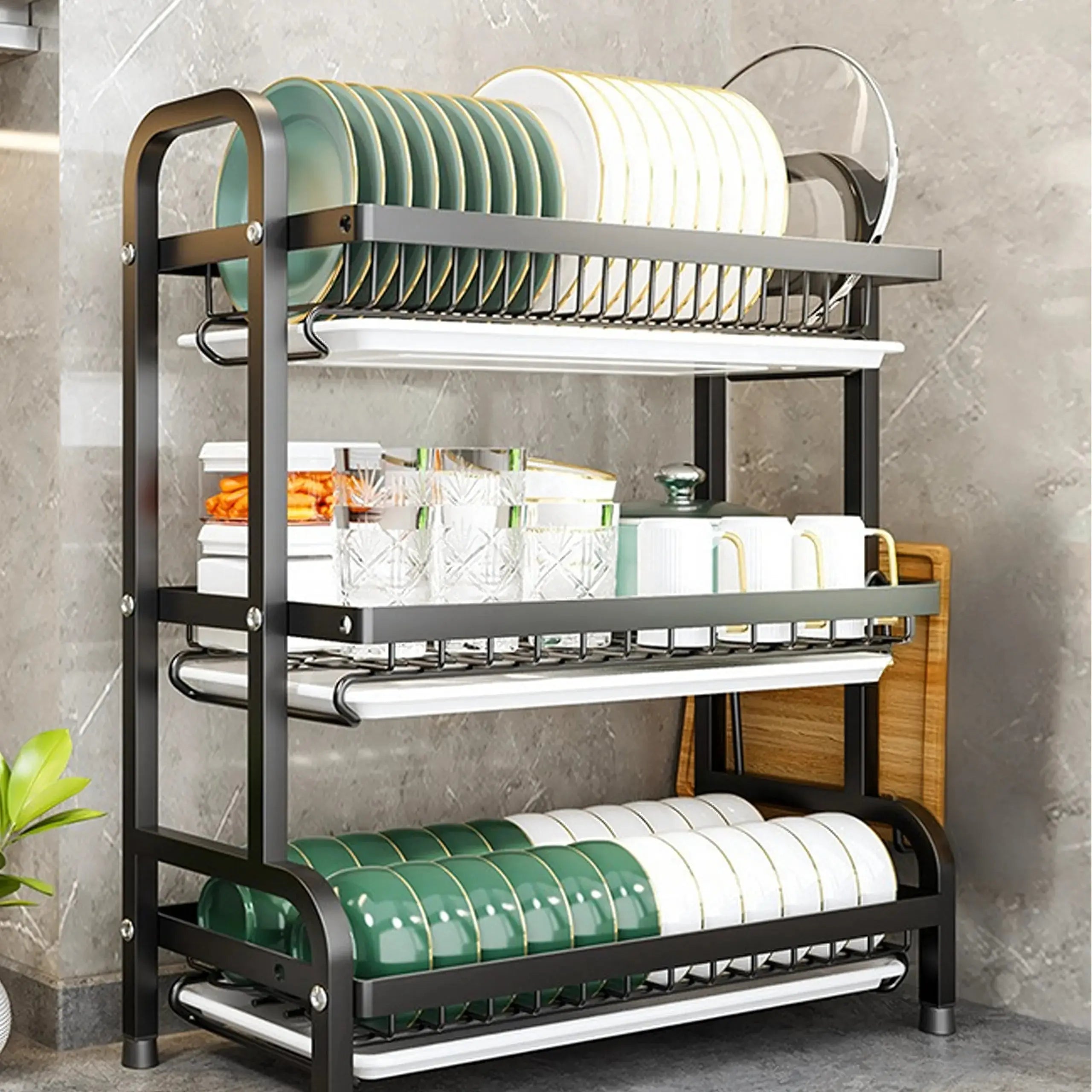 Organizator Vase Glorio, scurgator vase si tacamuri , compact , 3 niveluri , otel inoxidabil Glorio