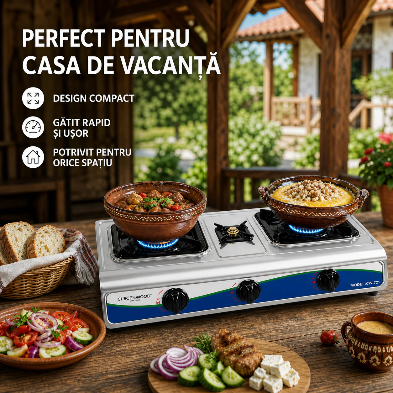 Pachet : Aragaz portabil 3 ochiuri, inox, pachet complet cu furtun și ceas pentru butelie Glorio