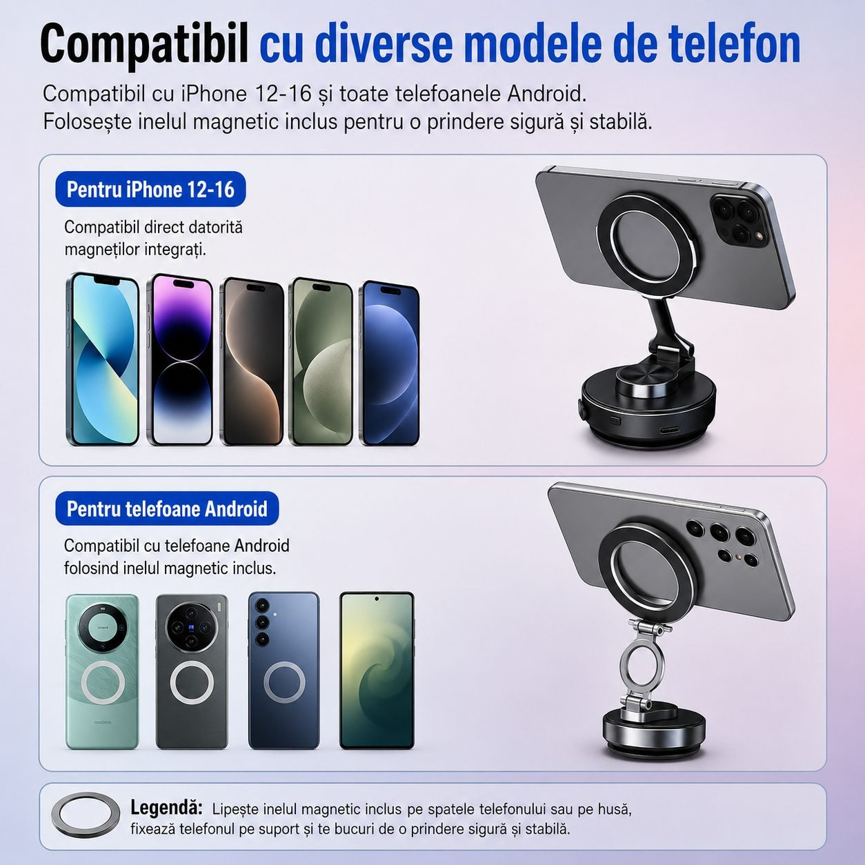 Suport Auto Magnetic pentru Telefon, Glorio, cu Vacuum Electric si Ventuza, Reglaj Multiunghi 900°, Aluminiu, Negru Glorio