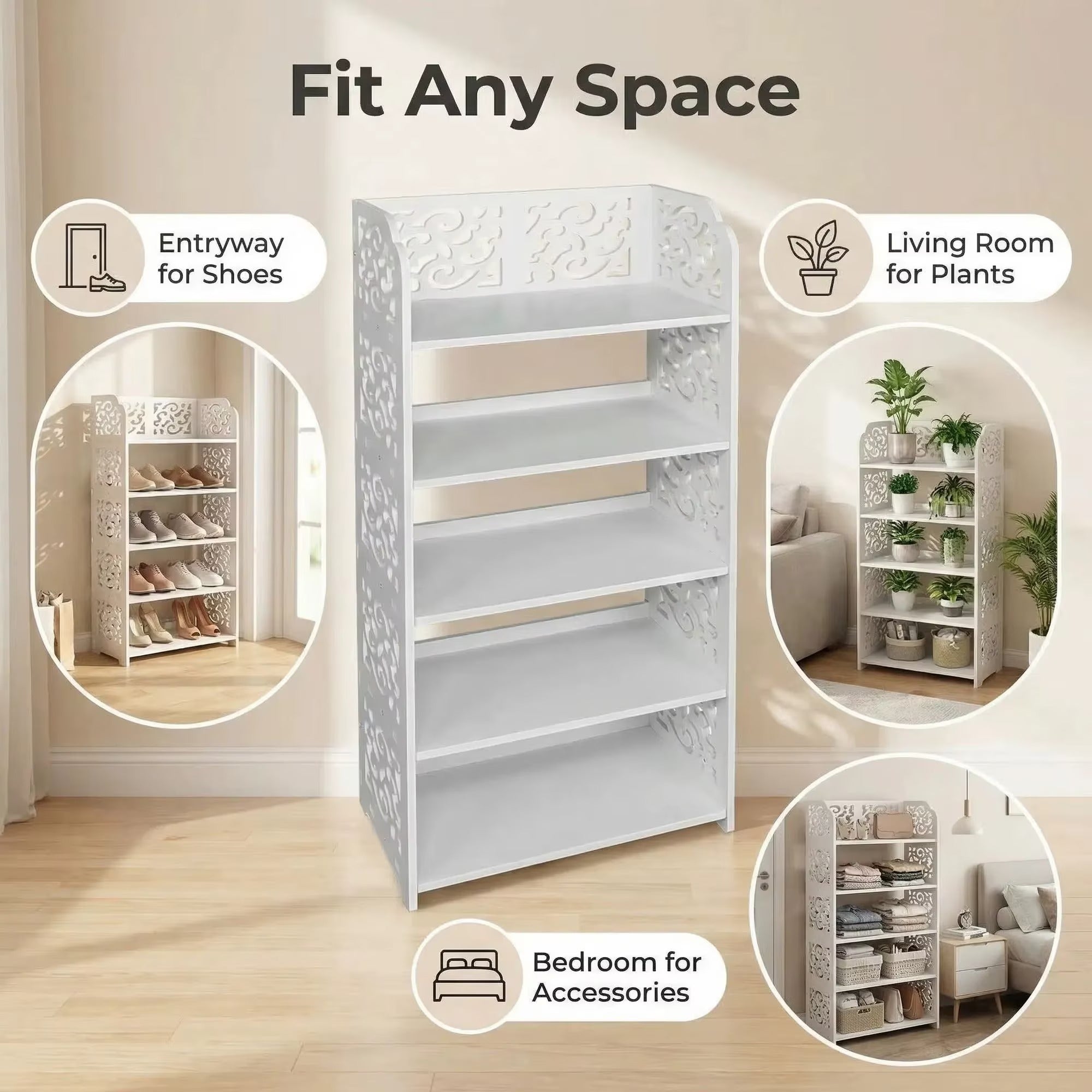 Pantofar din lemn cu design decorativ – 4 rafturi, 90 × 24 × 62 cm Glorio