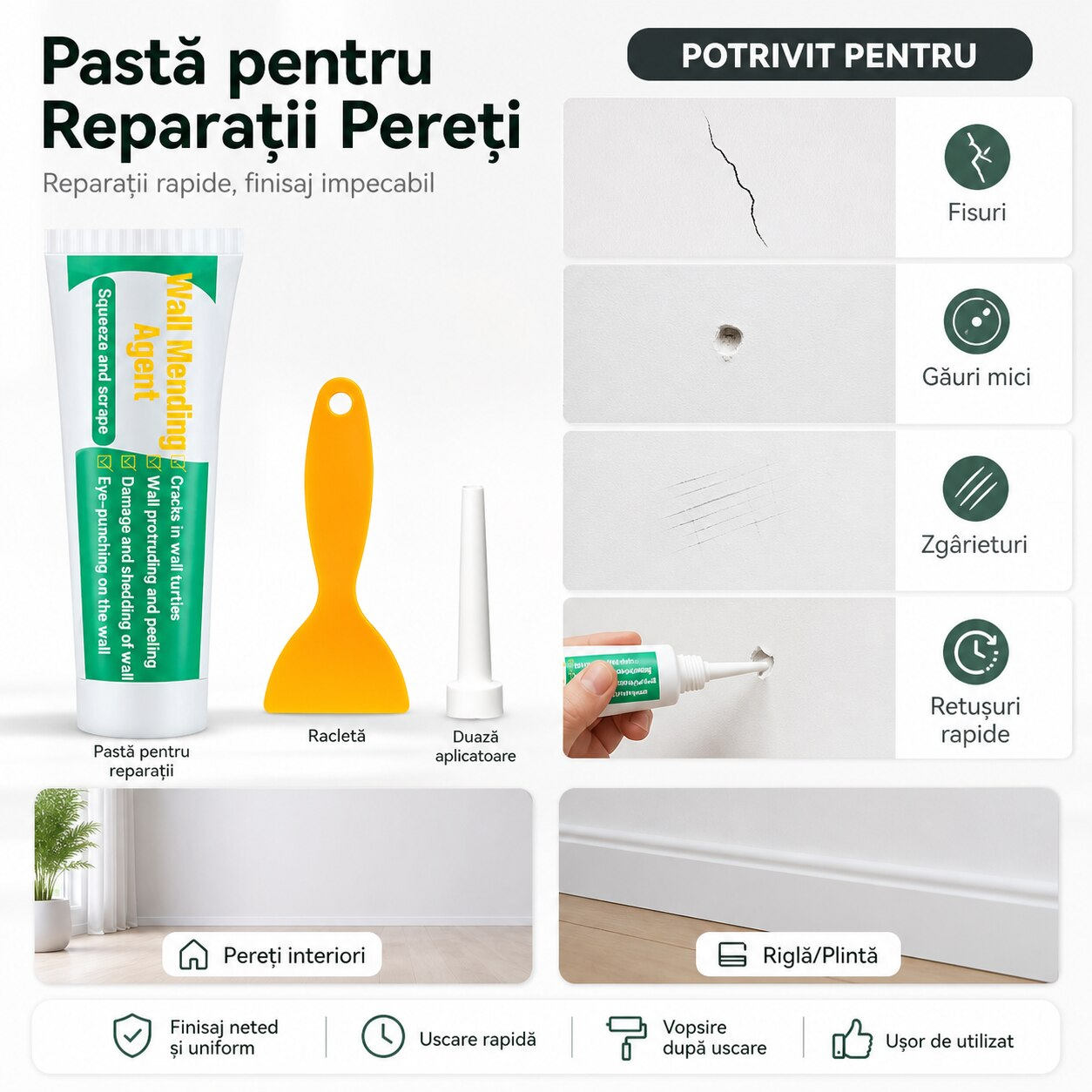 Kit pentru repararea pereților – finisaj neted, rapid și profesional Glorio